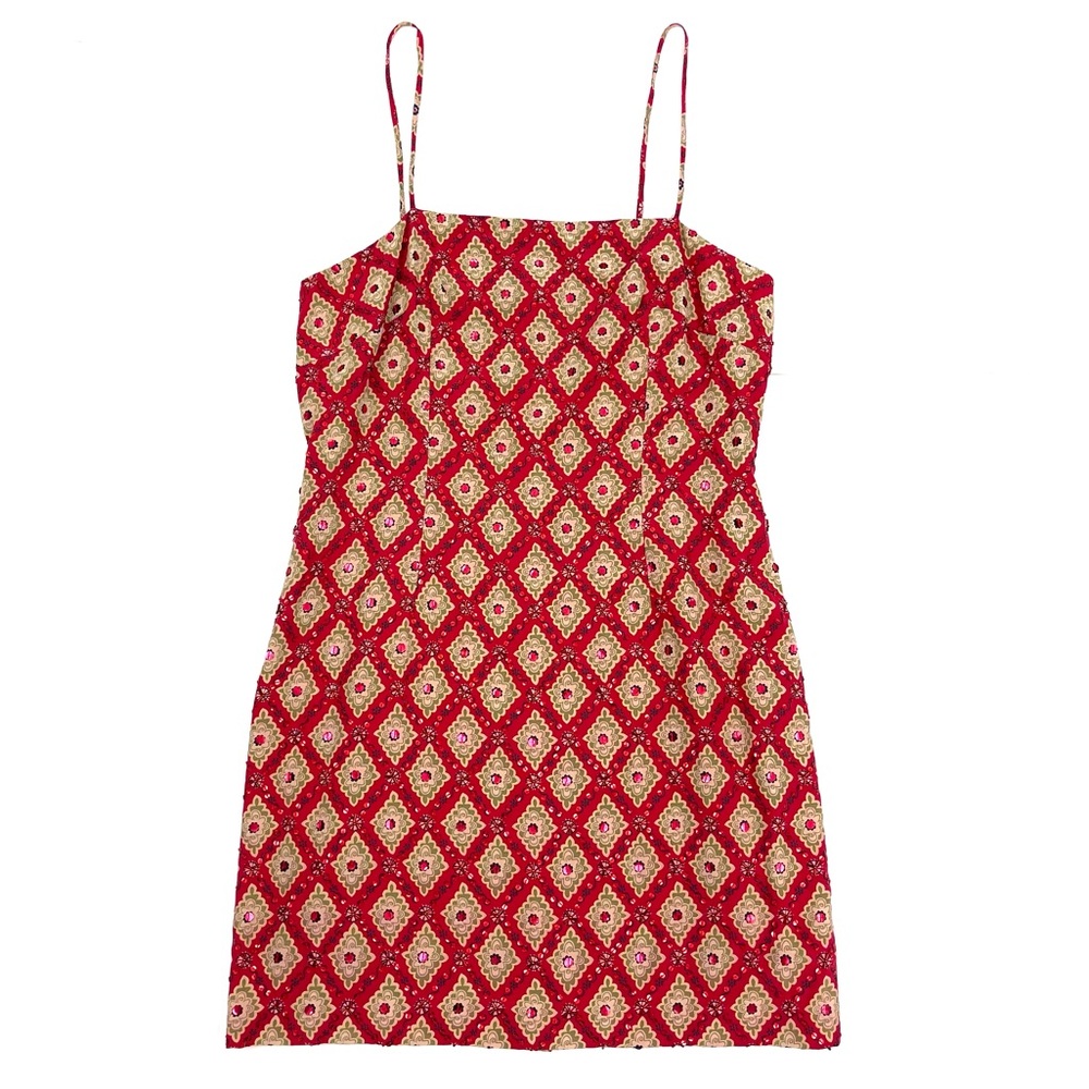 Hugo Buscati Geometric Pattern Beaded Sequin Spaghetti Strap Mini Party Dress